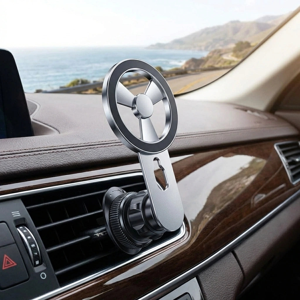 Magnetic car phone holder with circular ring mount and dashboard clip