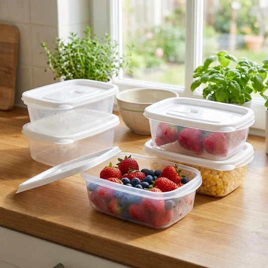 Stackable clear food containers with snap lids, filled with fruit