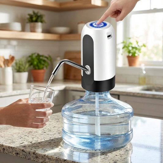 USB rechargeable water dispenser with spout and blue water flow, white and black body