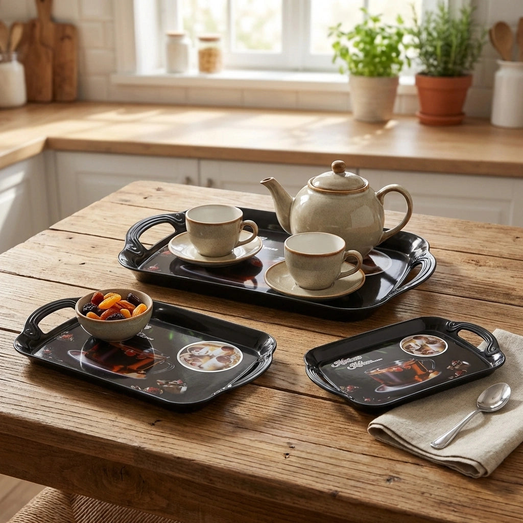 Melamine serving tray set of 3 with dark printed surface and side handles, table-ready