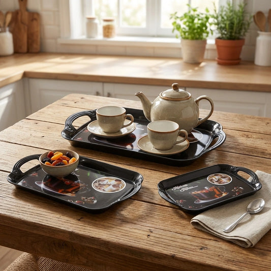 Melamine serving tray set of 3 with dark printed surface and side handles, table-ready