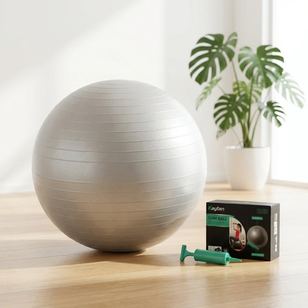 75cm gray gym ball with green hand pump and pump kit box