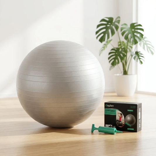 75cm gray gym ball with green hand pump and pump kit box