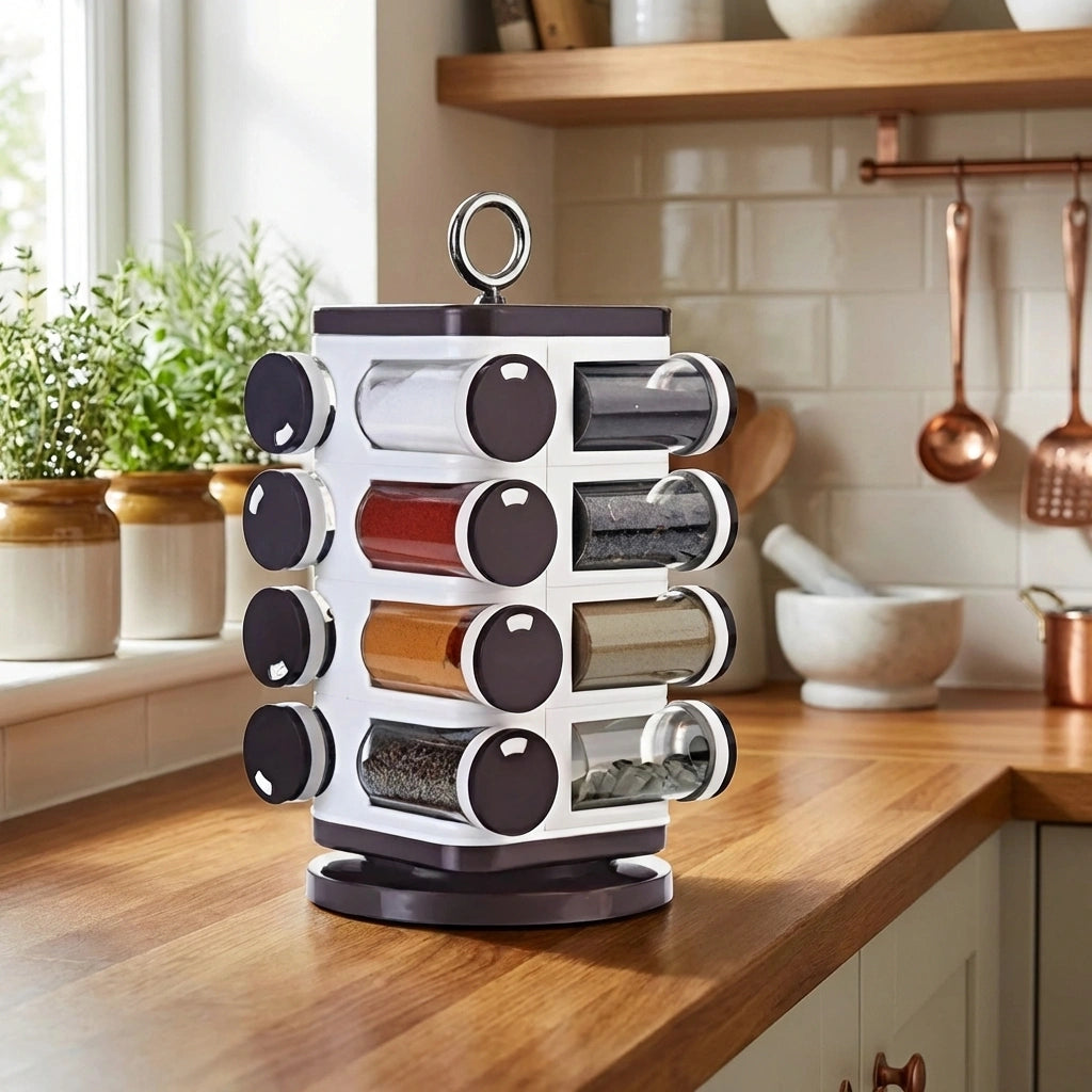 Revolving spice rack set with rotating metal holders and dark base, assorted canisters