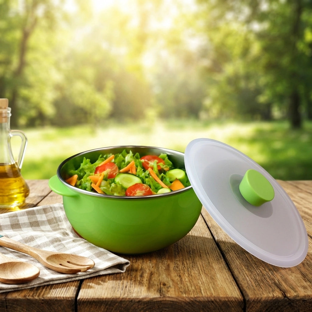 Microwave-safe serving bowl with lid, green bowl and white cover with green handle