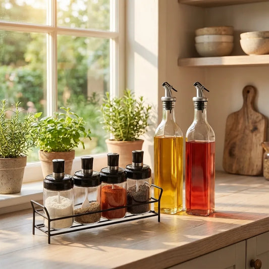 Glass oil dispenser and spice jar set with two pour bottles and spice jars on metal rack