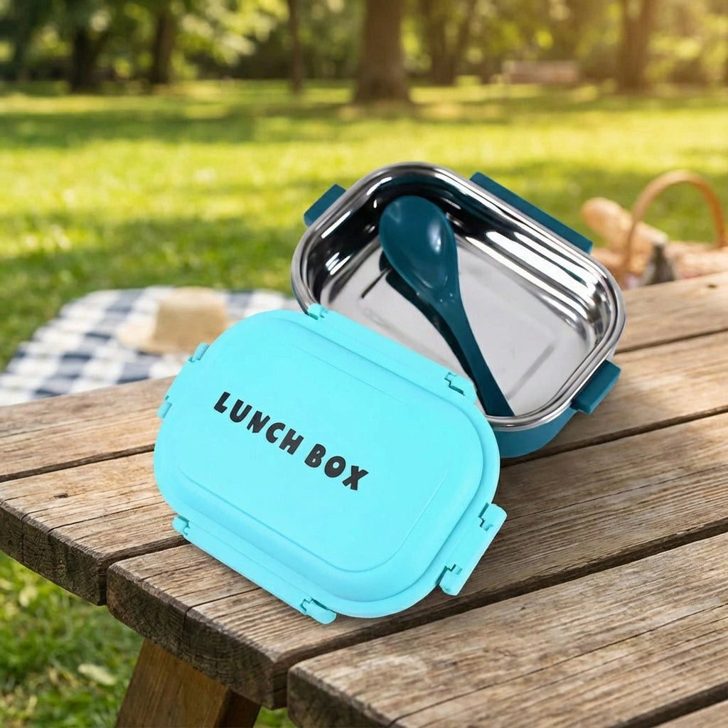 Turquoise insulated lunch box with hinged lid and carry handle, text front