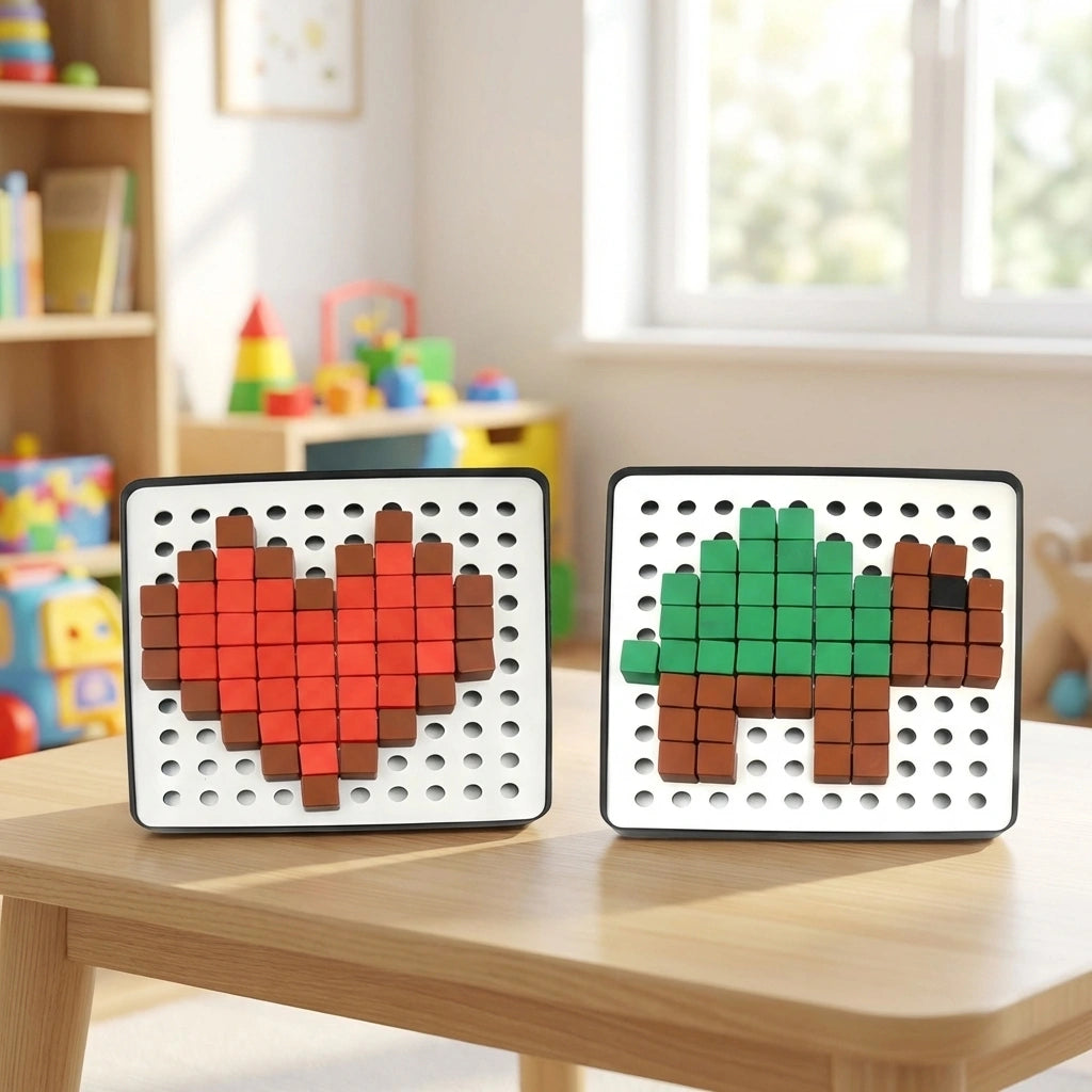 Educational pixel cubes toy with heart pattern made of colorful square pieces