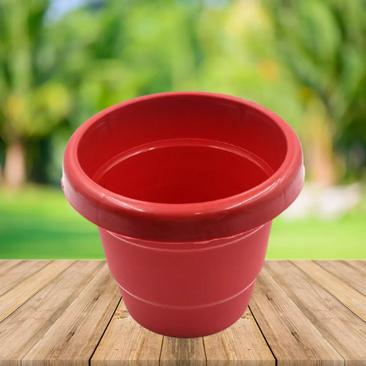 Red heavy-duty plastic plant pot with wide rim, 13cm size.