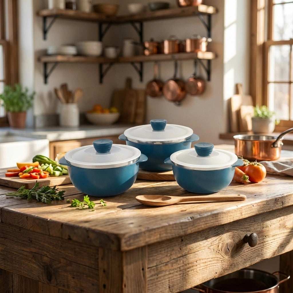 Set of microwave reheating bowls with lids, blue and white
