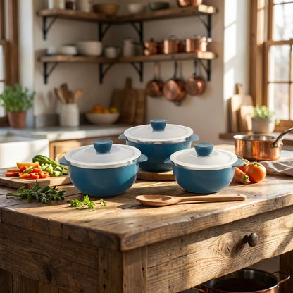 Set of microwave reheating bowls with lids, blue and white