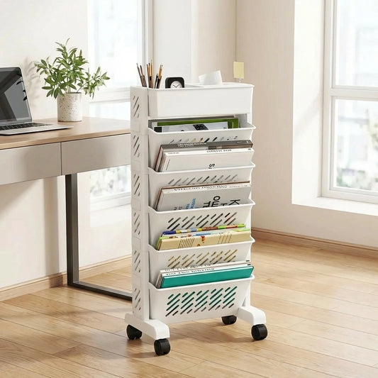 Mobile rotating bookshelf organizer with open shelves and caster wheels