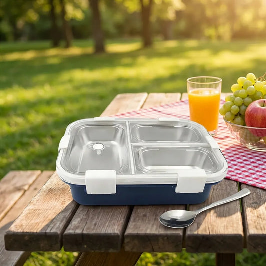 3-compartment stainless steel lunch box with lid, blue base and three sections