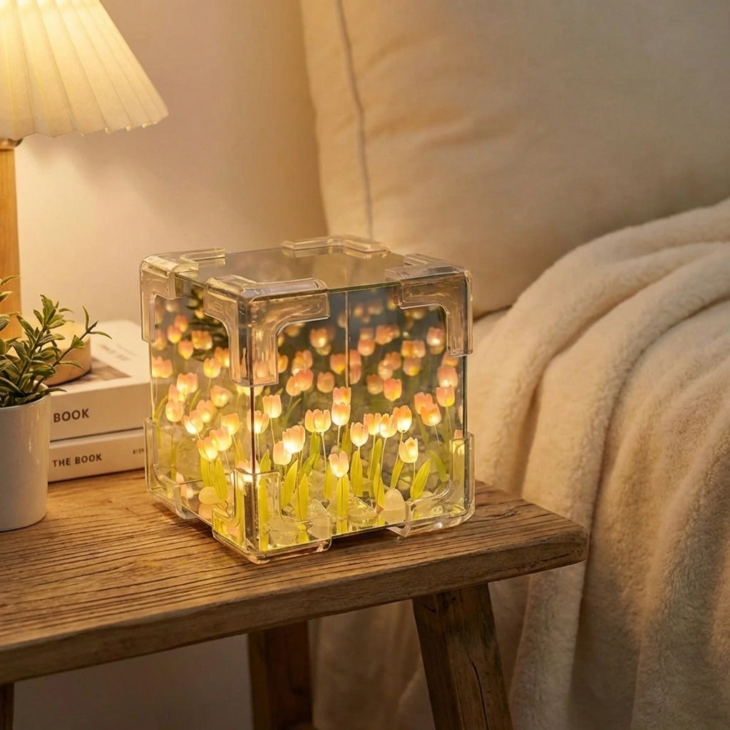 Tulip mirror night lamp with clear cube housing and warm LED tulip lights