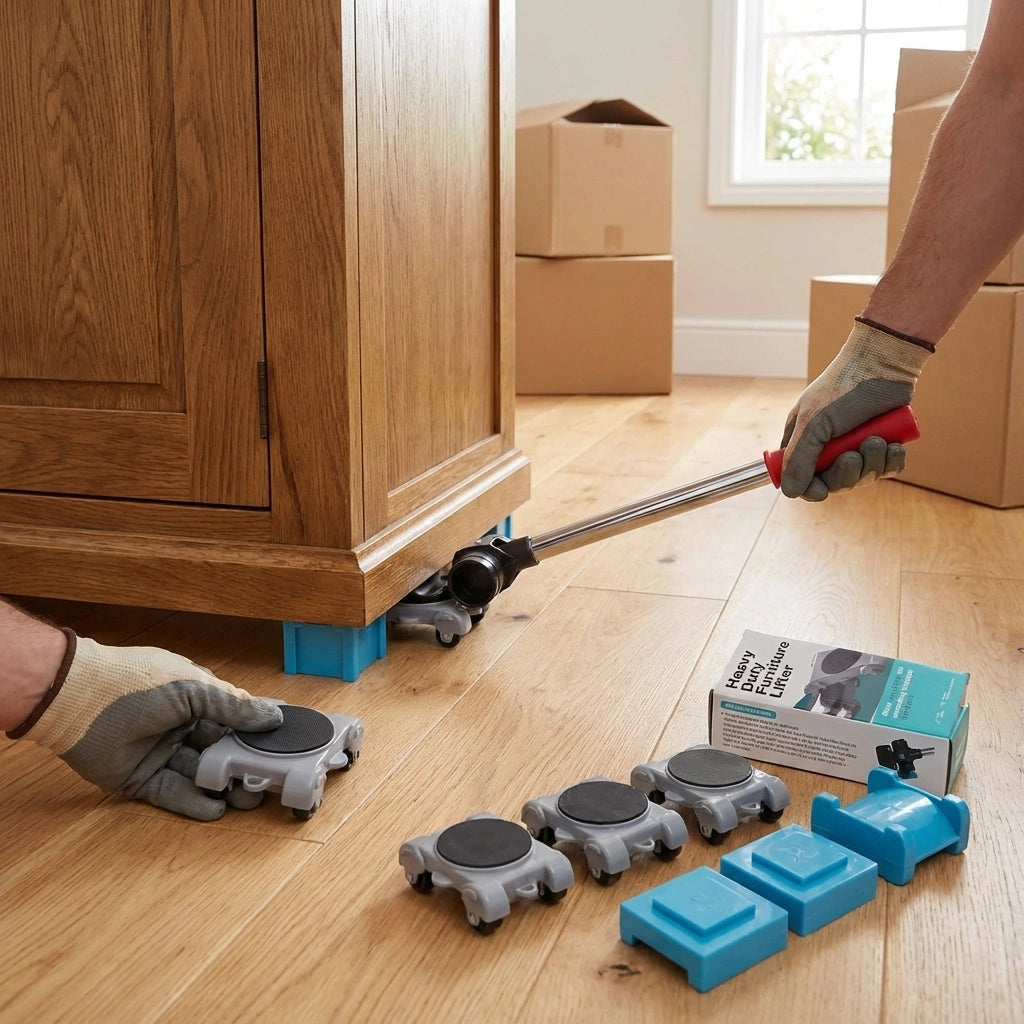 Furniture lifter moving kit with sliders and rollers lifting a cabinet
