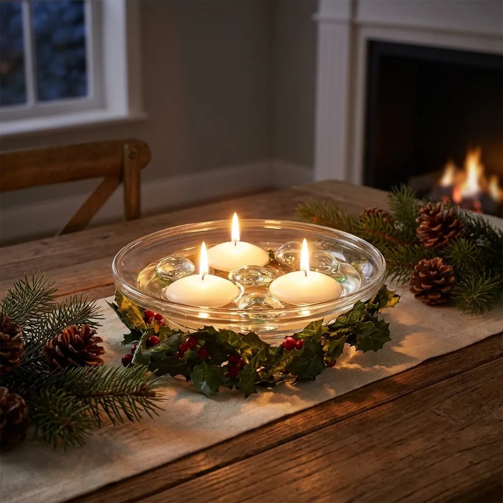 Floating glass candle holder with four lit tea lights in clear bowl