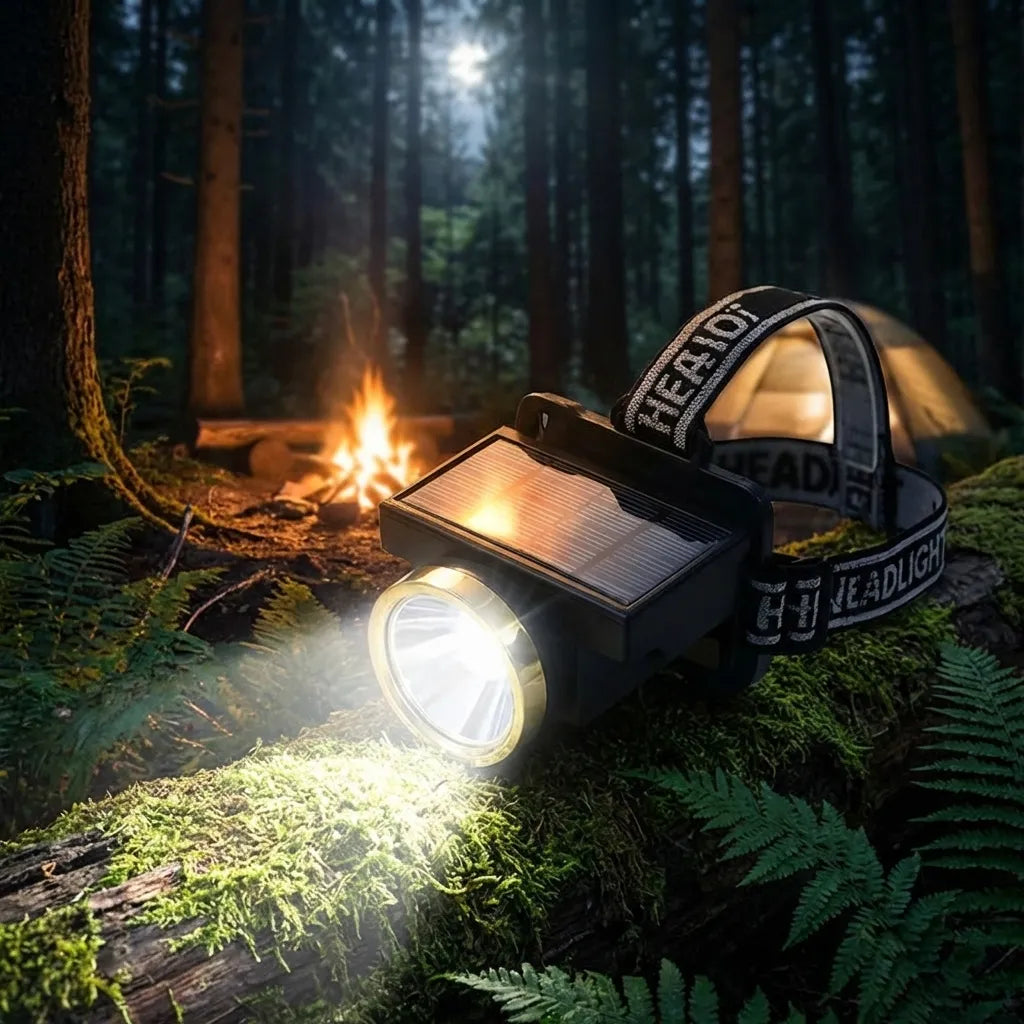 Rechargeable solar LED headlamp with bright front light and solar panel, black.