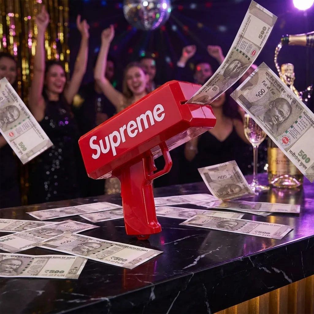 Red money gun cash shooter toy with banknotes and Supreme logo