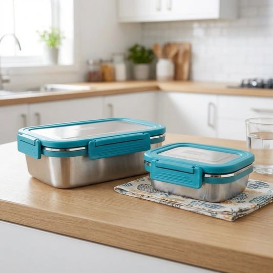 2-piece stainless steel lunch box set with teal lids, two rectangular containers