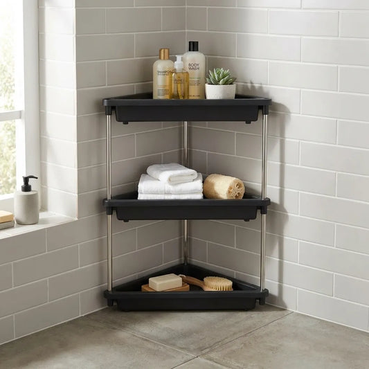 Corner storage shelf rack with three black shelves and metal frame