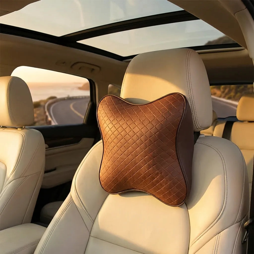 Memory foam neck pillow, quilted brown backrest style for car headrest