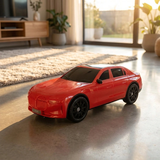 Car-shaped Bluetooth speaker, red toy-style car with black wheels