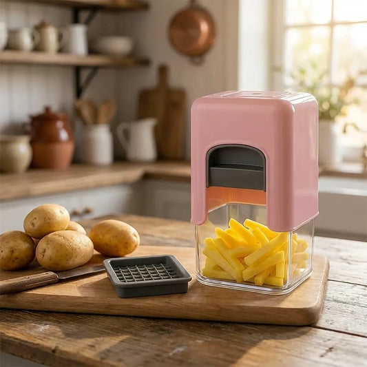 Pink potato chipser and chopper with tray and container holding sliced potatoes