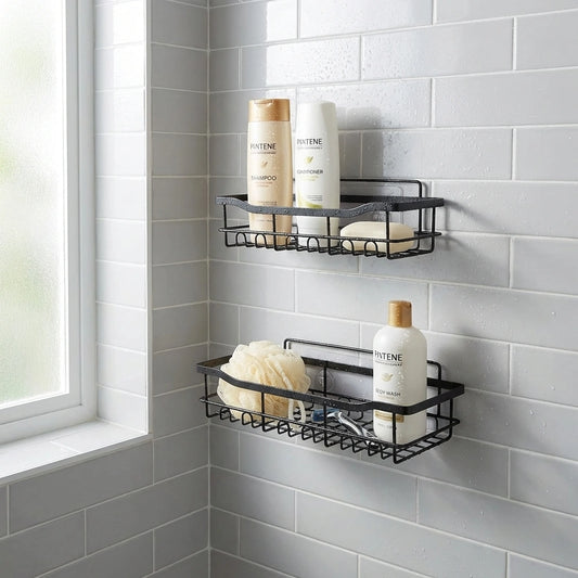 No-drill shower shelf combo with two black metal wire shelves and rails