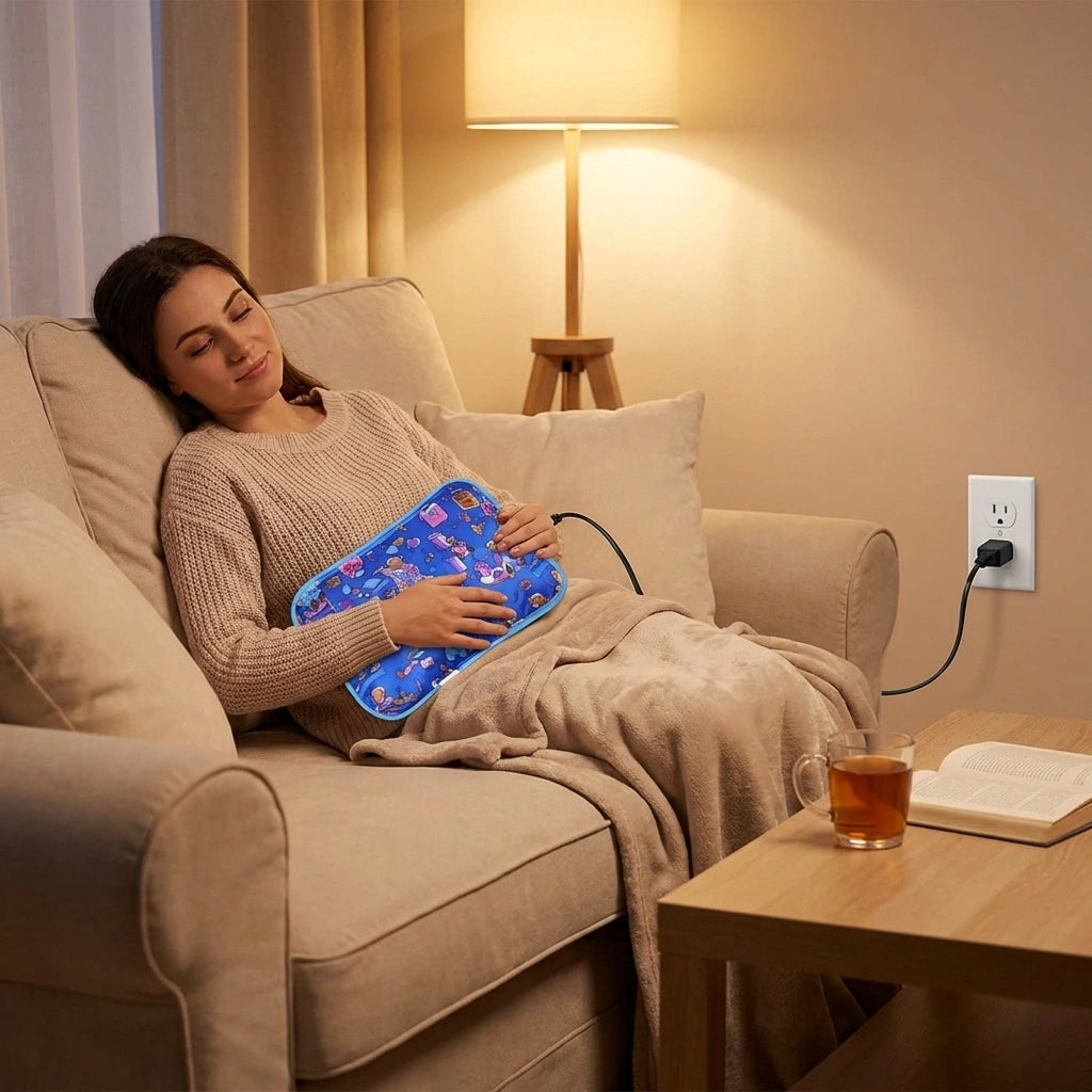 Blue printed electric hot water bag with connected power cable