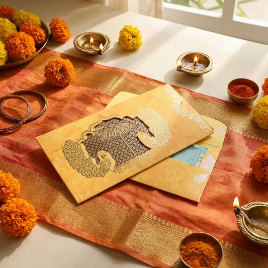 Wedding gift envelopes set of 10, gold with ornate elephant motif on front