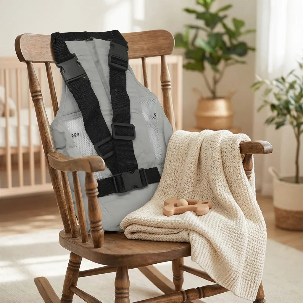 Ergonomic baby carrier with gray panel and black adjustable shoulder and waist straps