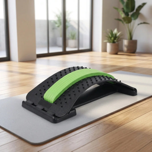 Posture corrector back stretcher device with black frame and green arch pad