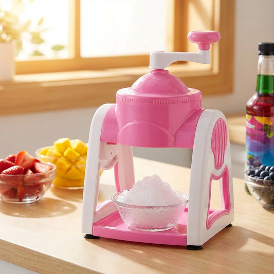 Portable ice slush maker, pink handheld unit with top cap and ice chamber