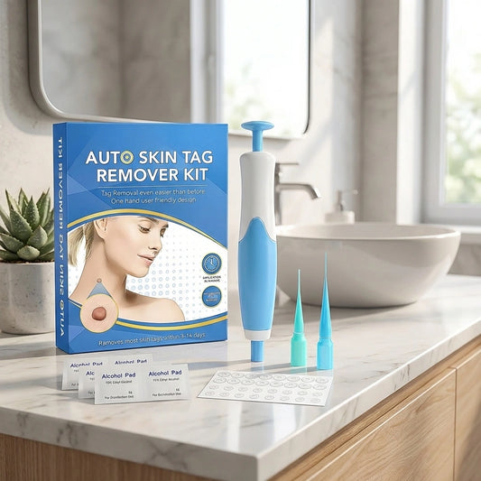 Skin tag remover kit with blue box, dispenser tool, and multiple applicator tips