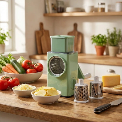 Mint vegetable chopper with slicing grater discs and food chamber, 6-blade design