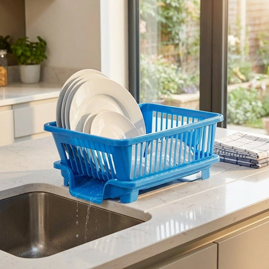 Blue plastic dish drying rack with raised plate holder for draining