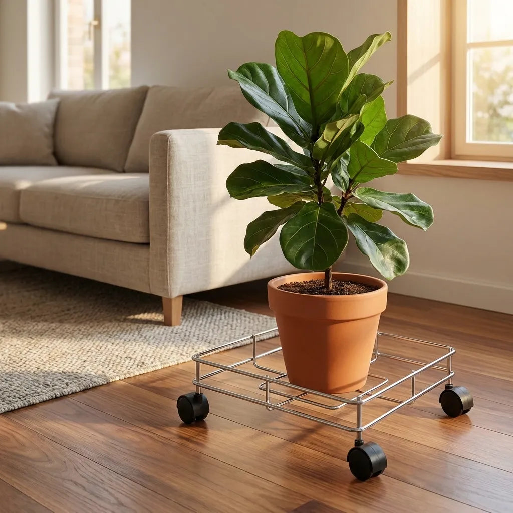 Stainless steel oil stand with four casters supporting a potted plant