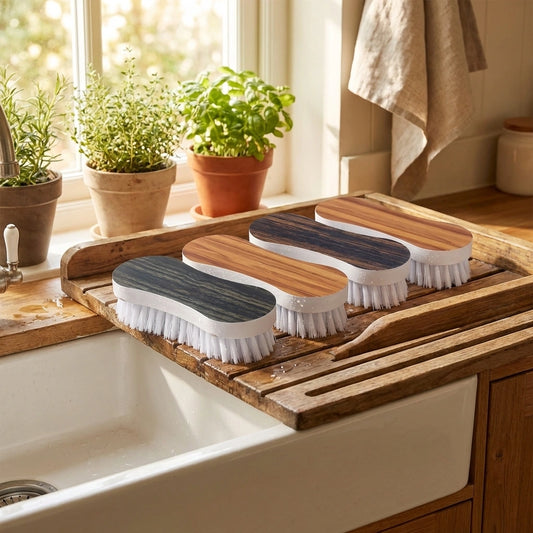 Curved laundry brush set with curved wooden handles and white bristles, three-pack