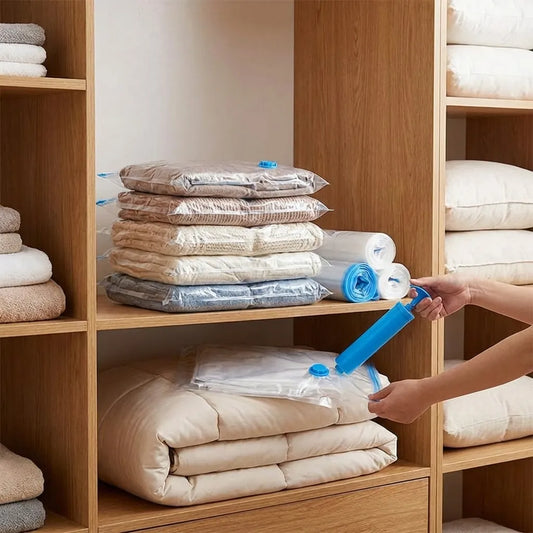 Vacuum storage bags set with blue valve, stacked beige bags