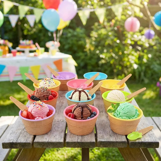 Ice cream bowl and spoon set with pastel bowls and wooden scoop spoons