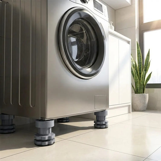 Washing machine anti-vibration pads with four gray bases under the appliance