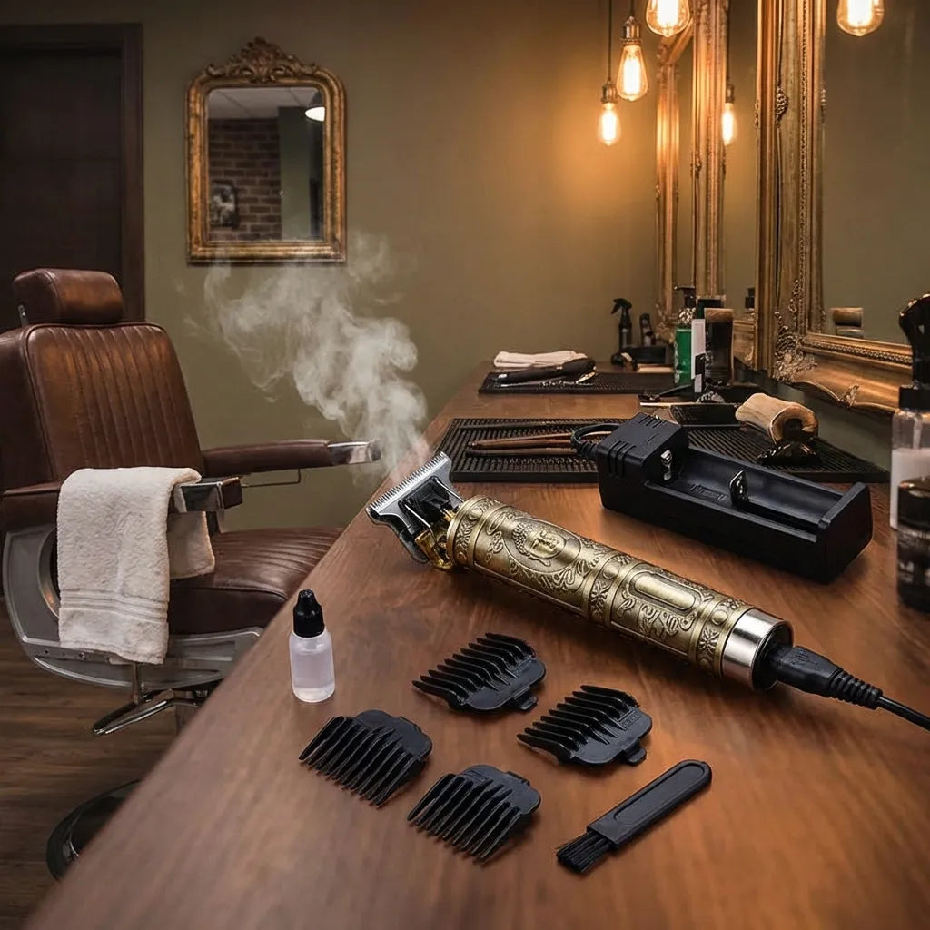Men’s hair trimmer with gold body, black guard combs, and attachments