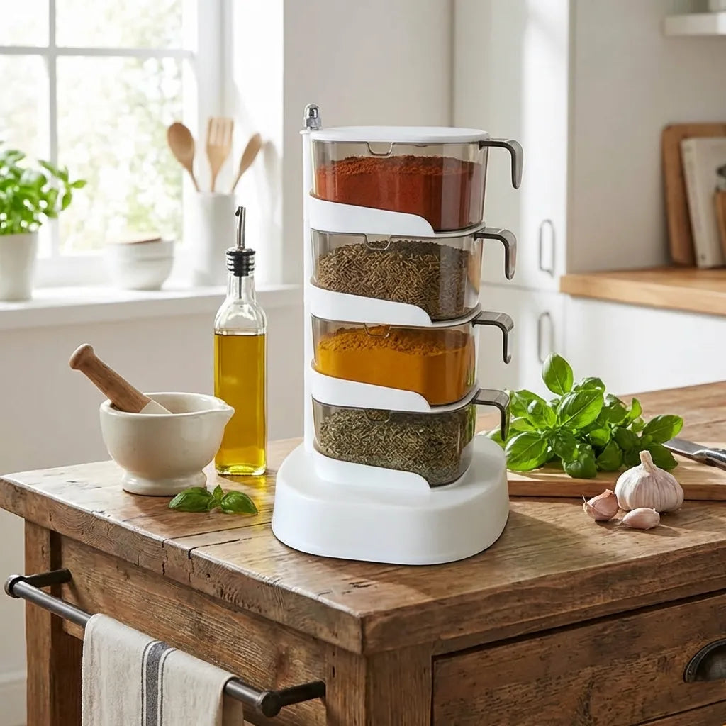 Rotating vertical spice jar organizer with three glass jars and white base