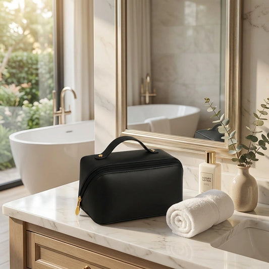 Black waterproof makeup pouch with zipper and carry handle
