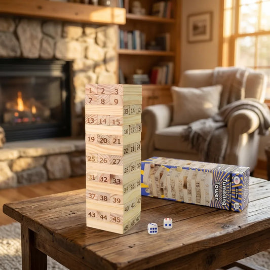 Wooden tumbling tower game with numbered wooden blocks and dice