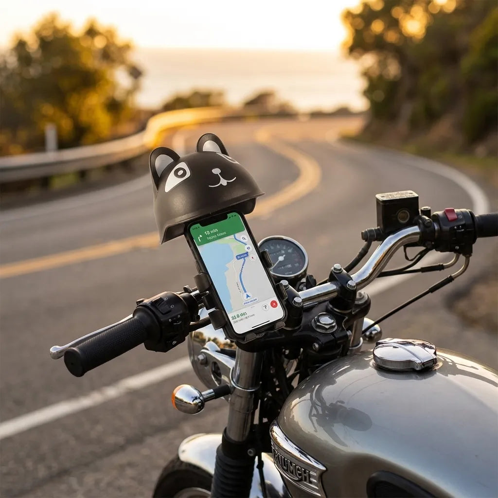 Bike phone holder with sun visor and handlebar mount, black cat-style cover