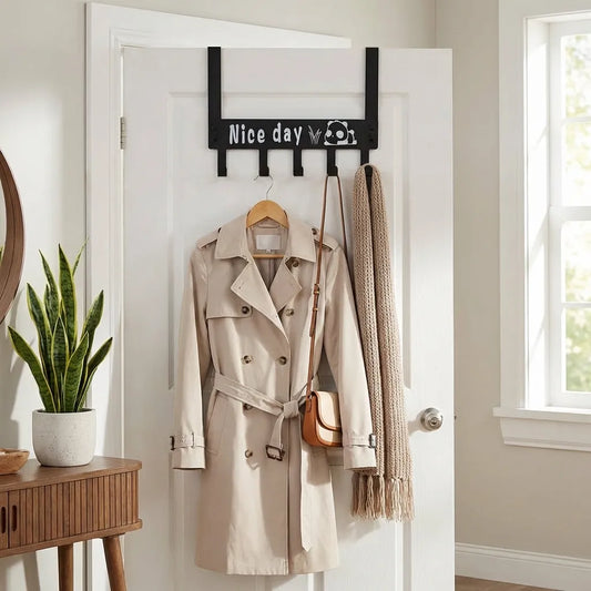 Door hook hanger rack with multiple black hooks, holding coats and a scarf