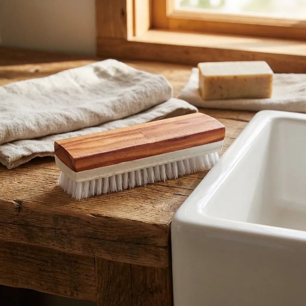 Cleaning brush set with wooden handle brush and bristles, plus bar soap