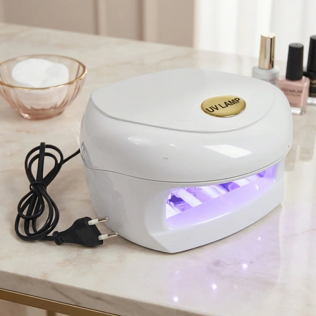 White UV LED nail lamp with glowing purple curing light window and power cord