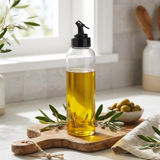 Oil dispenser bottle with drip-free spout, clear body filled with amber oil